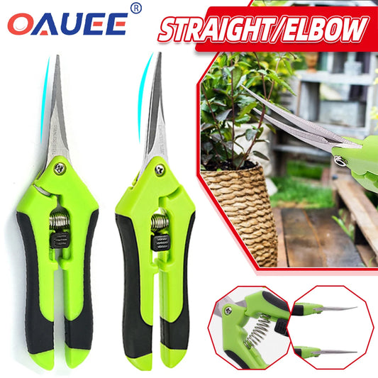 Green and black garden pruning shears with straight and elbow blades. Image displays two shears and a close-up of one trimming a plant.