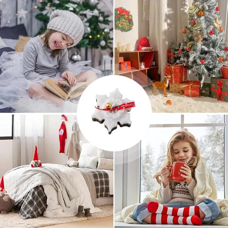 Four scenes of holiday cheer: a child reads in a festive room, a Christmas tree with gifts, a cozy bedroom with stockings, and a girl with a mug. Centered is a snowflake cookie ornament.