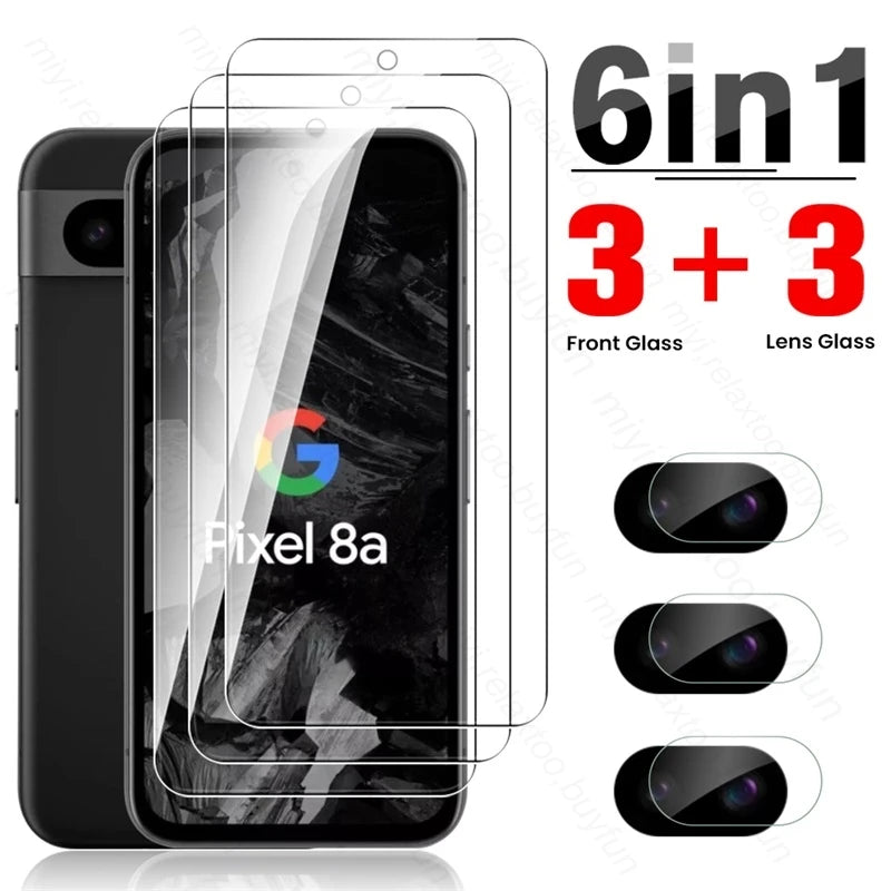 "Phone accessory set for the Pixel 8a including three screen protectors and three camera lens protectors. Bold text reads '6 in 1: 3 Front Glass, 3 Lens Glass.'"