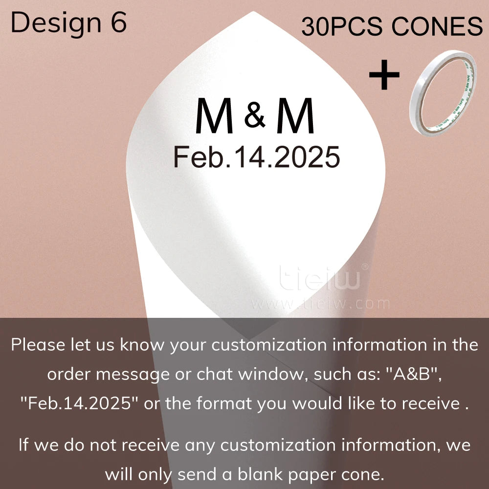 A customizable paper cone design labeled "M & M, Feb.14.2025" with options for 30 cones and tape. Instructions for customization messages and default blank cone if not specified.