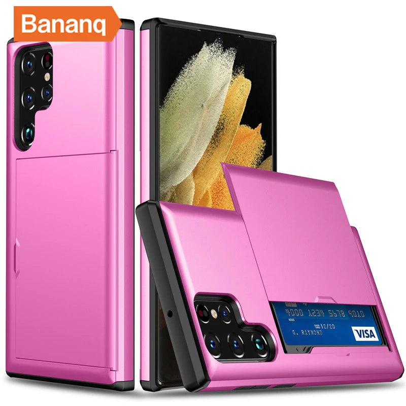 Pink wallet-style phone case with precise camera cutout, holding a Visa card. It features a sliding back panel for card storage, displayed against an abstract wallpaper.