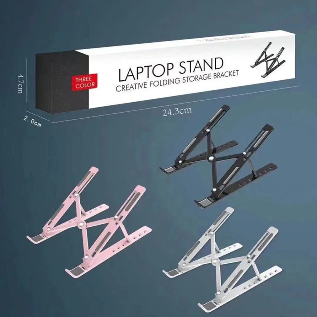 Laptop stand advertisement showing a pink, black, and gray folding stand. Dimensions are 24.3cm x 4.7cm x 2.0cm. The packaging is labeled "Creative Folding Storage Bracket."