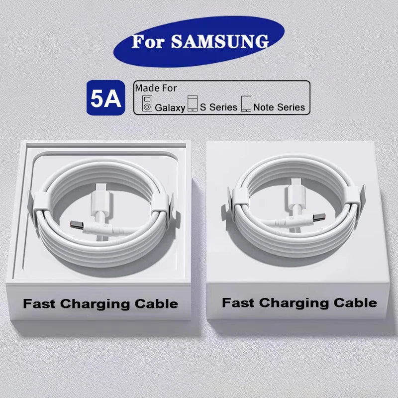 Two white fast charging cables for Samsung Galaxy, S Series, and Note Series are coiled and presented in boxes. The cable capacity is labeled as 5A.