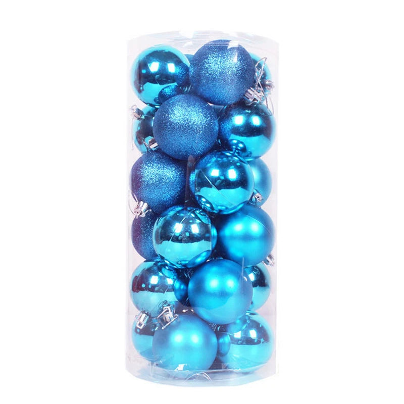 A clear plastic cylinder filled with shiny blue and glittery blue Christmas ornaments.