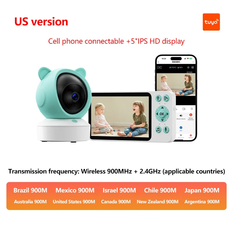 Smart baby monitor with a turquoise camera, 5" IPS HD display showing children, and smartphone connectivity. Supports 900MHz + 2.4GHz in multiple countries.