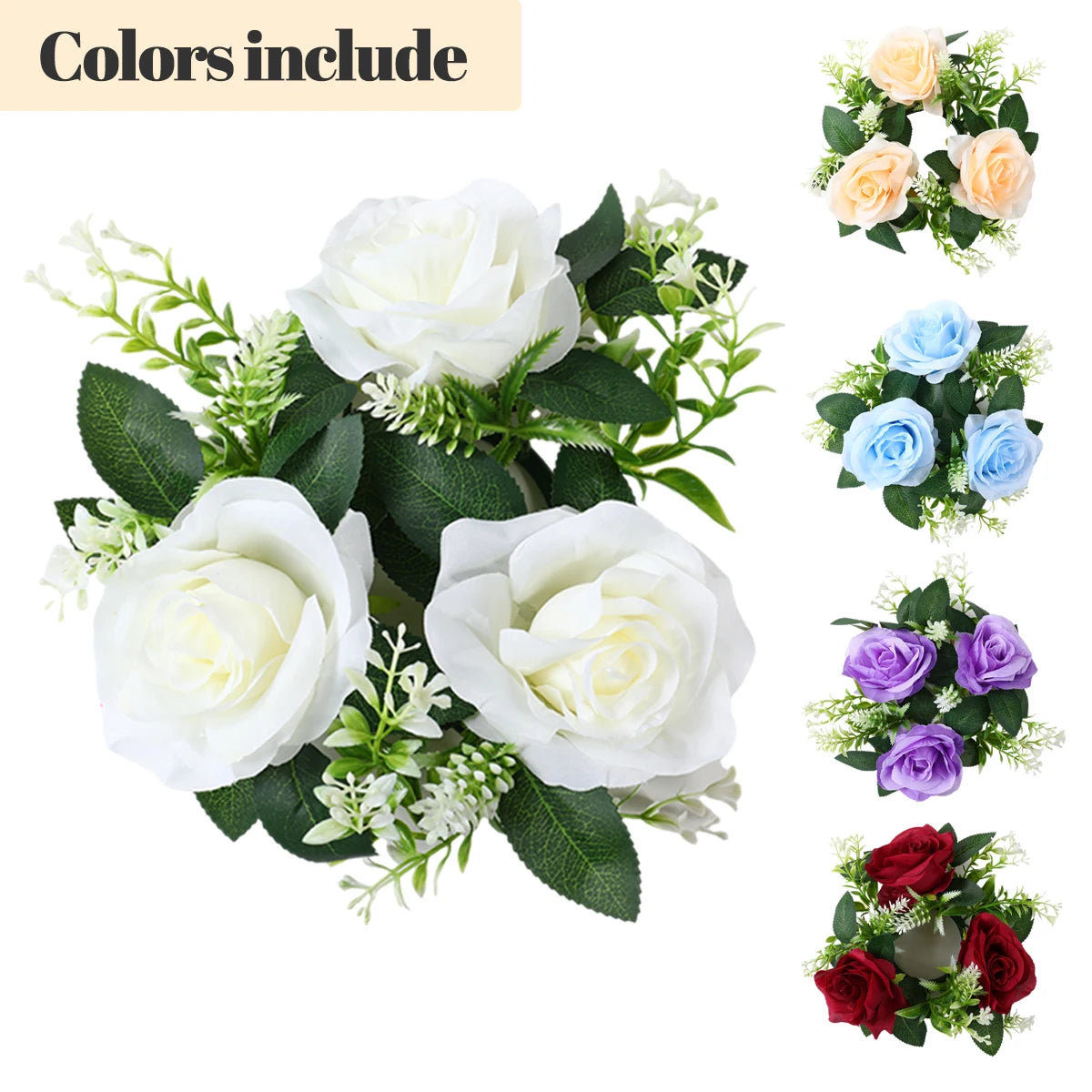 Artificial rose bouquets in various colors: white, peach, blue, purple, and red, with green leaves and small white flowers. Text reads "Colors include" at the top left.