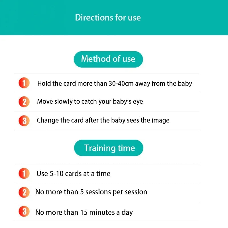 Instructions for using flash cards with babies: Hold 30-40cm away, move slowly, change after baby sees. Use 5-10 cards, max 5 sessions, and limit to 15 minutes per day.