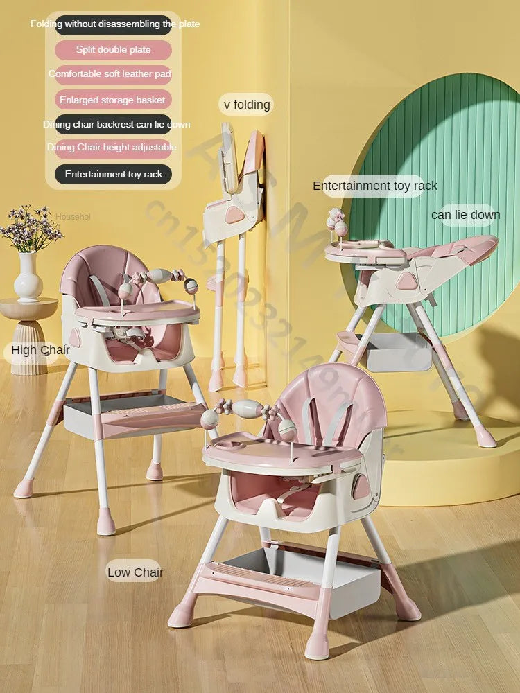 Pink and white adjustable baby high chair shown in different setups: high chair, low chair, and folded. Features include a leather pad, toy rack, storage basket, and recline option.