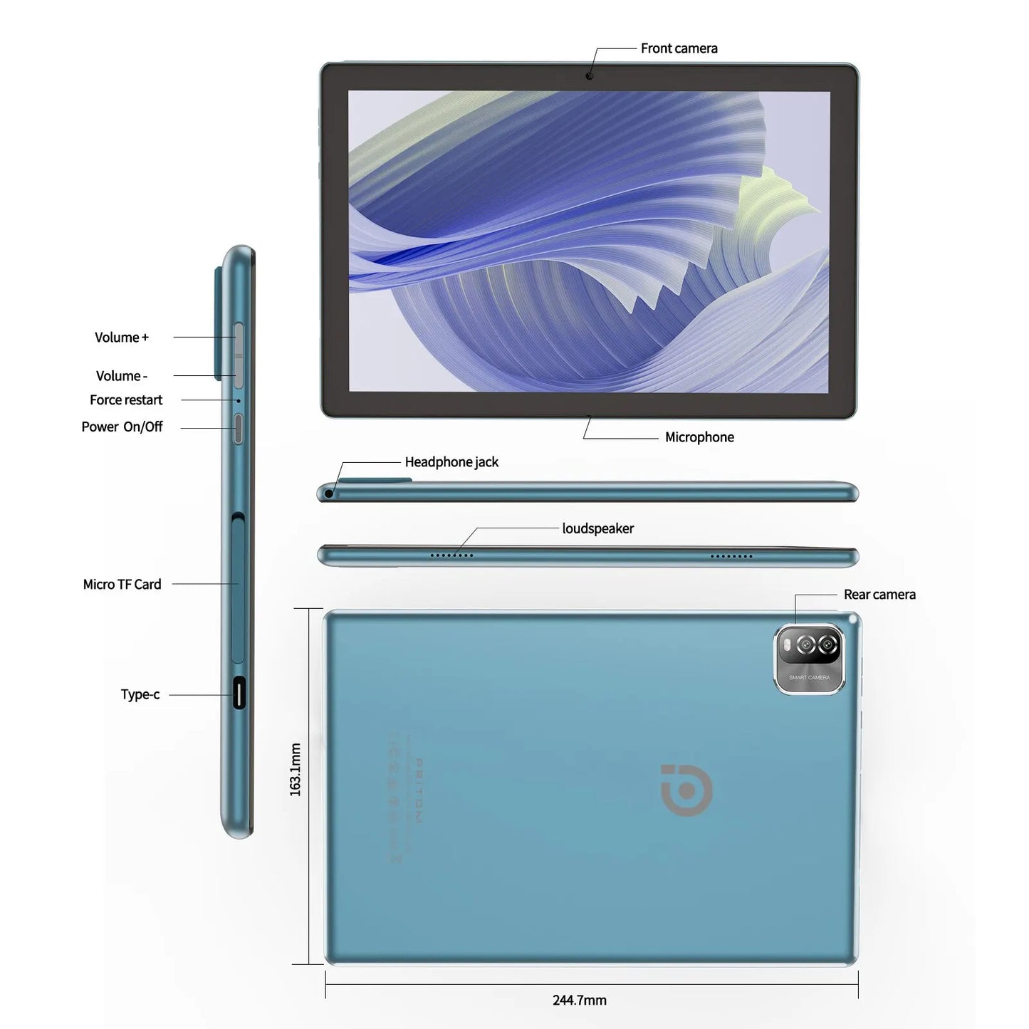 Diagram of a tablet with labeled features: front and rear cameras, microphone, loudspeaker, headphone jack, volume and power buttons, micro TF card slot, and Type-C port.