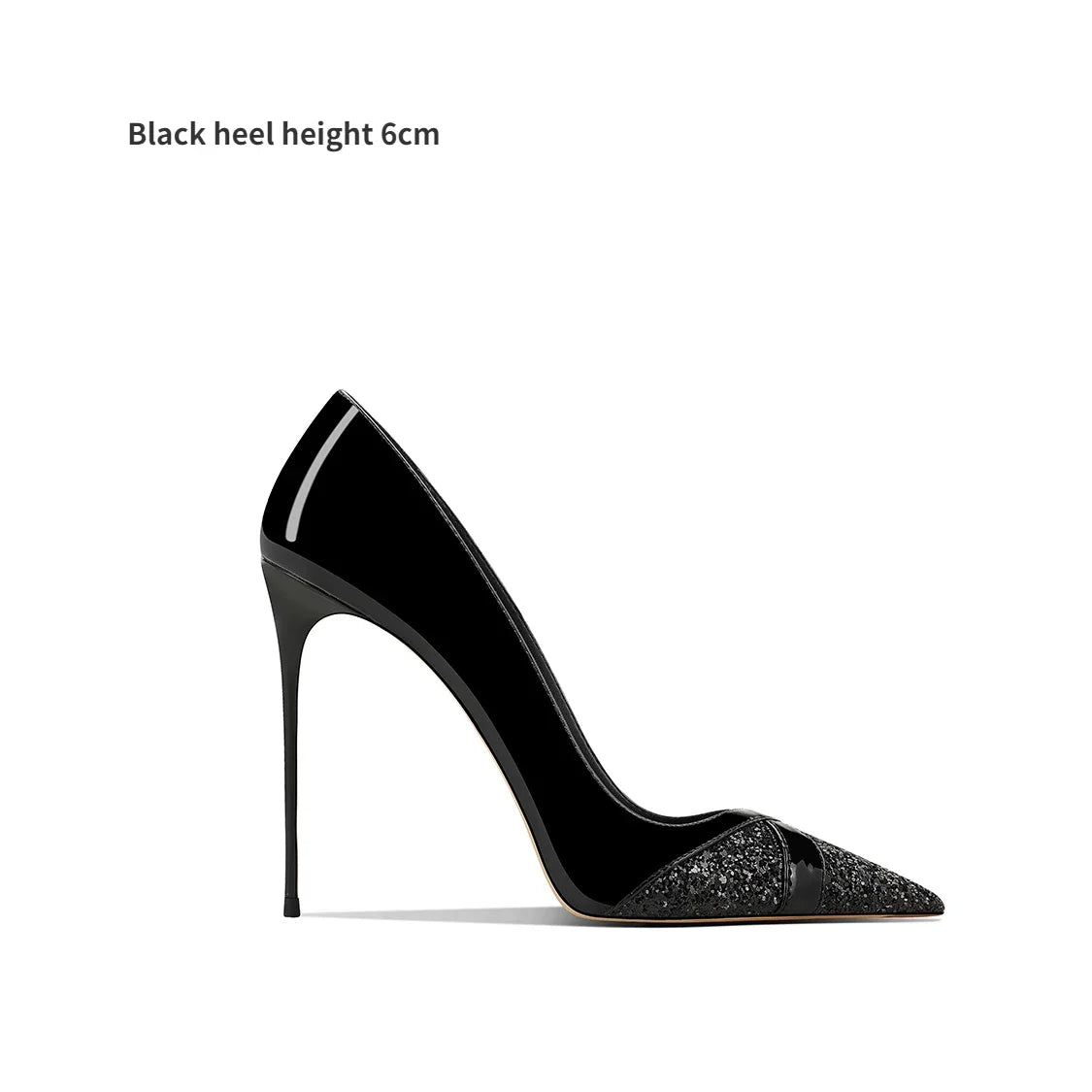 Elegant black high heel shoe with a pointed toe, featuring a sparkly texture at the front. Heel height is labeled as 6 cm. The background is plain white.