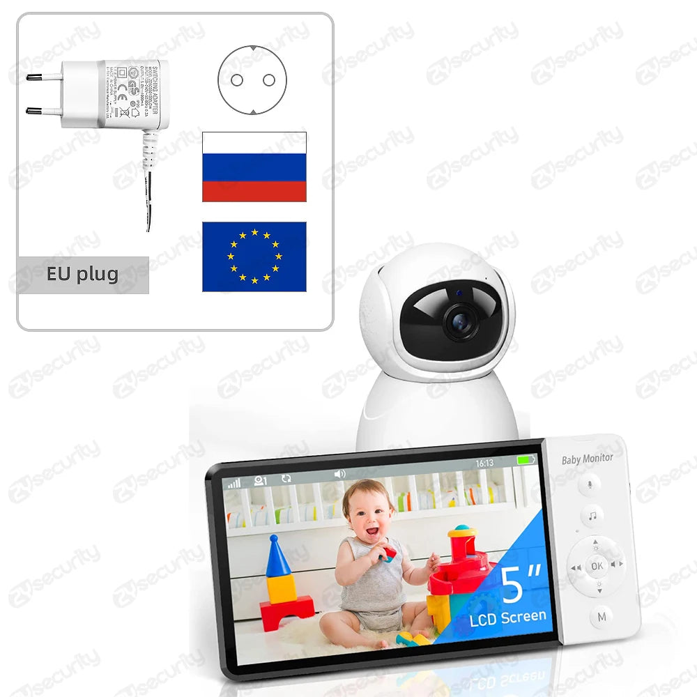 White dome camera and a 5-inch LCD screen displaying a baby. EU plug with flags depicted. Remote control with menu buttons shown to the side.