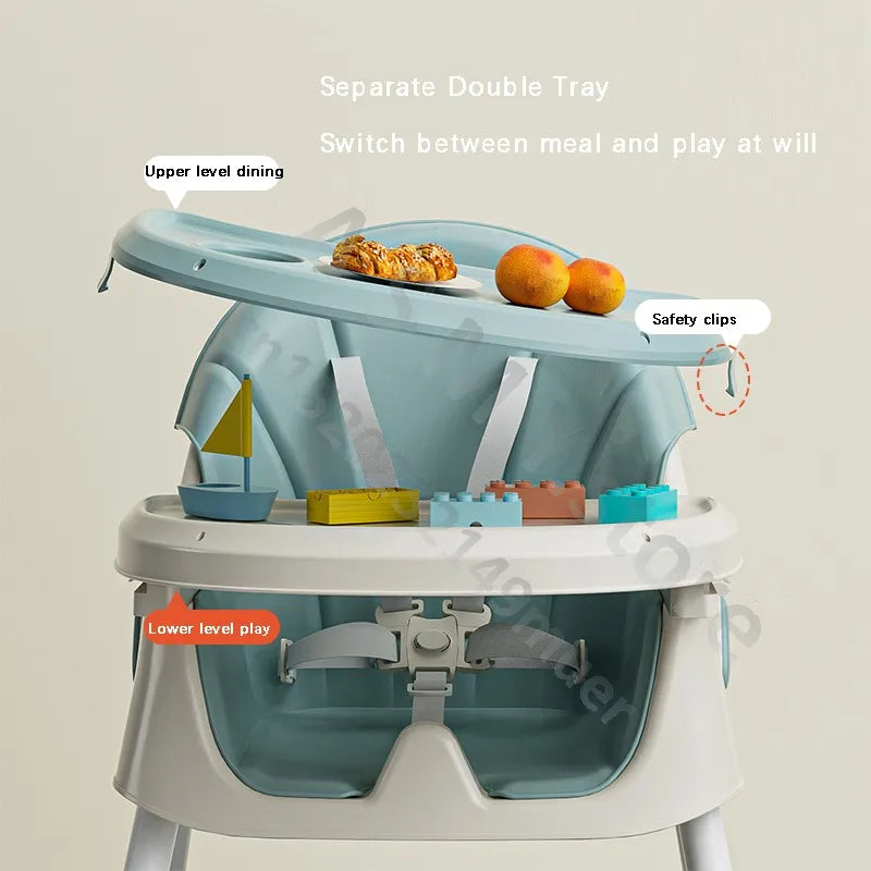 Highchair with a dual-level tray; upper level holds food items and lower level is for play with blocks and toys. Features safety clips and adjustable straps.