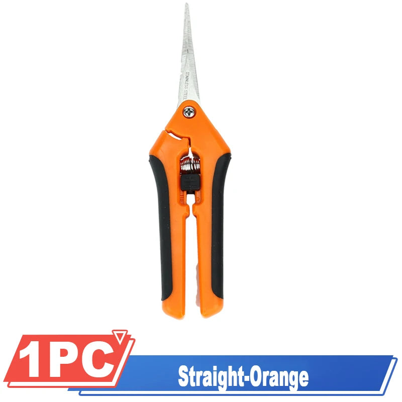 Orange and black garden pruning shears with stainless steel blades displayed vertically. The image includes a label reading "1PC Straight-Orange" at the bottom.