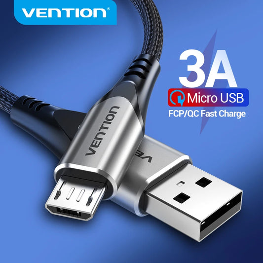 Silver Vention 3A Micro USB cable with FCP/QC fast charge feature on a blue background. Features sturdy connectors and braided design for durability.