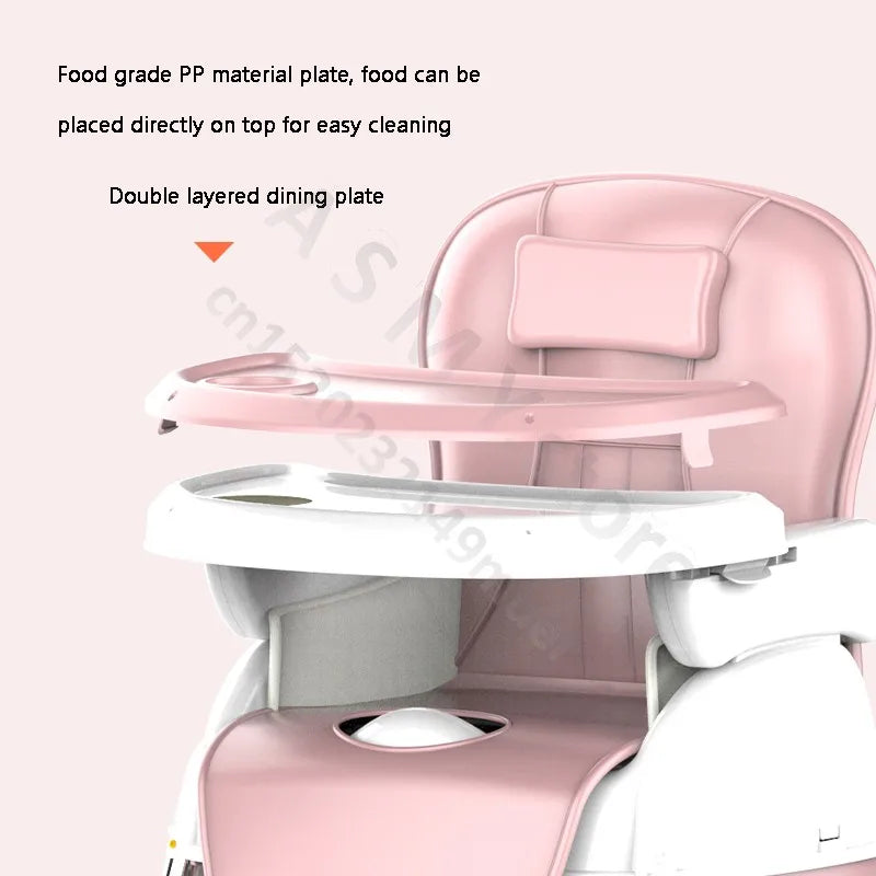 Pink and white high chair with a double-layered food-grade PP material dining plate, designed for easy cleaning and placing food directly. Features a cushioned backrest.