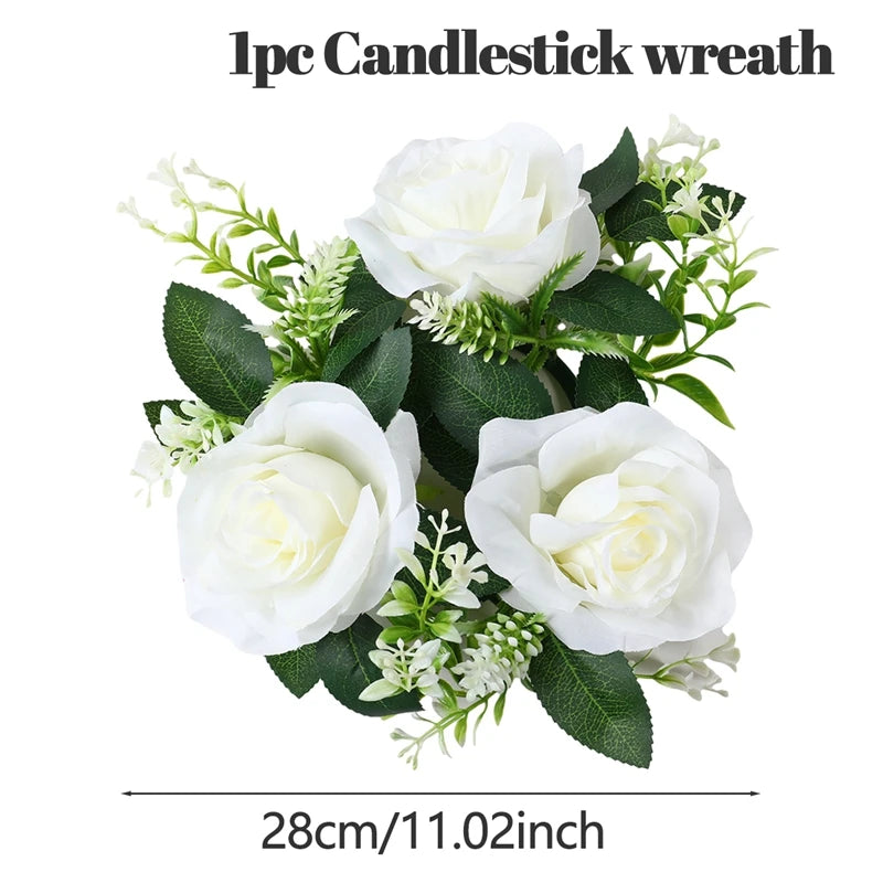 Candlestick wreath with three white roses and green leaves, measuring 28cm/11.02 inches in diameter. The text "1pc Candlestick wreath" is displayed above the arrangement.