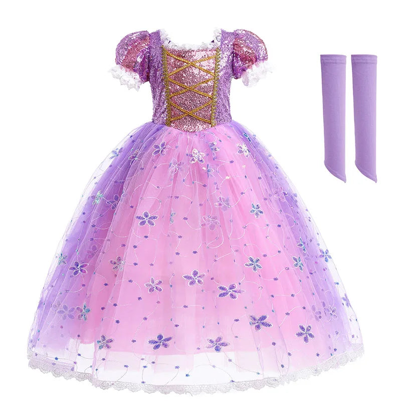 Purple princess dress with glittery bodice, puffy sleeves, and a floral tulle skirt. Includes matching long gloves. Elegant and sparkly design for costumes or dress-up.