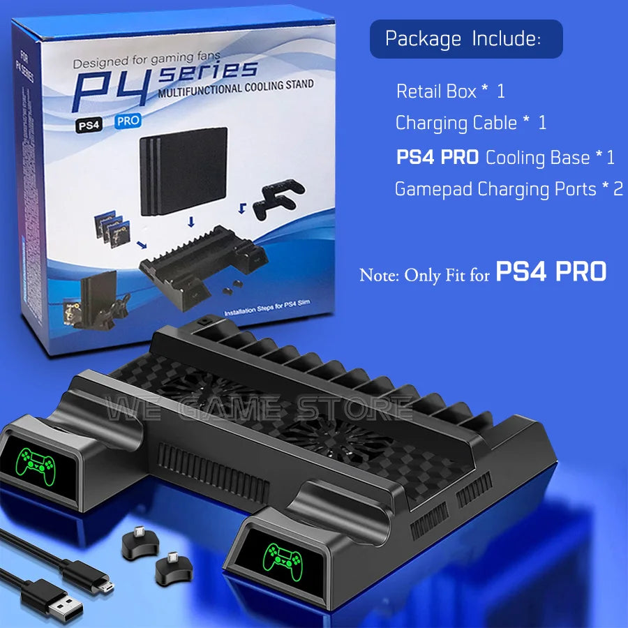 PS4 Pro cooling stand with built-in gamepad chargers, shown with retail packaging. Includes charging cable and gamepad charging ports. Note: Compatible only with PS4 Pro.