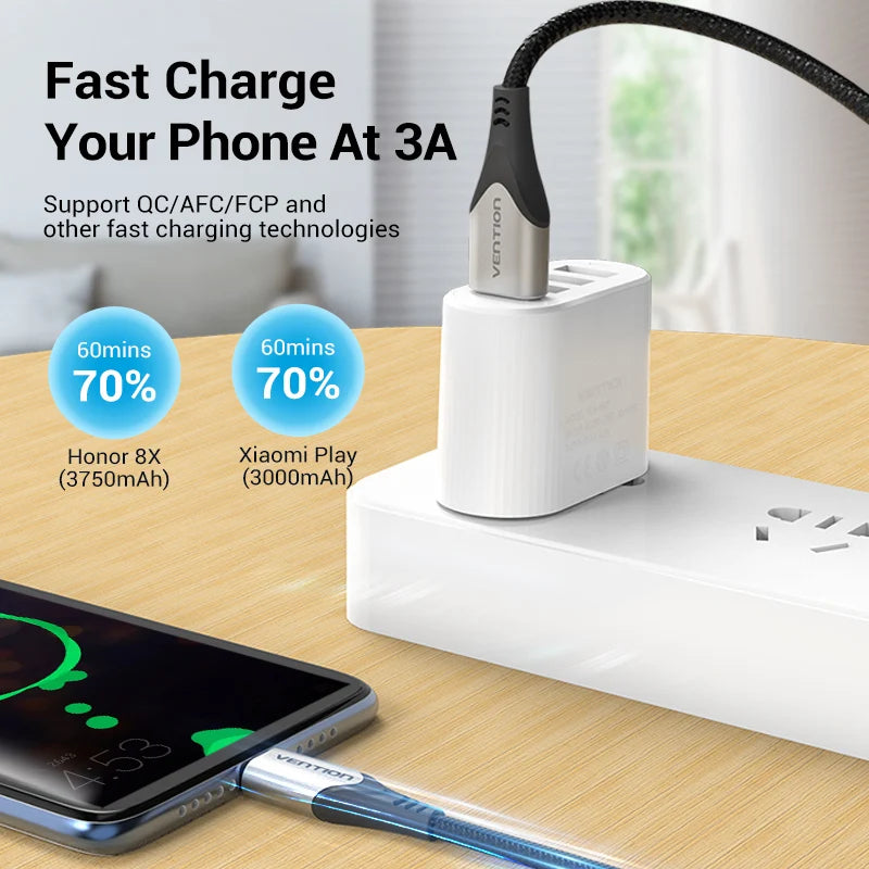 A fast-charging adapter with a cable connected to a smartphone. Text highlights 70% charge in 60 minutes for Honor 8X and Xiaomi Play, supporting QC/AFC/FCP technologies.