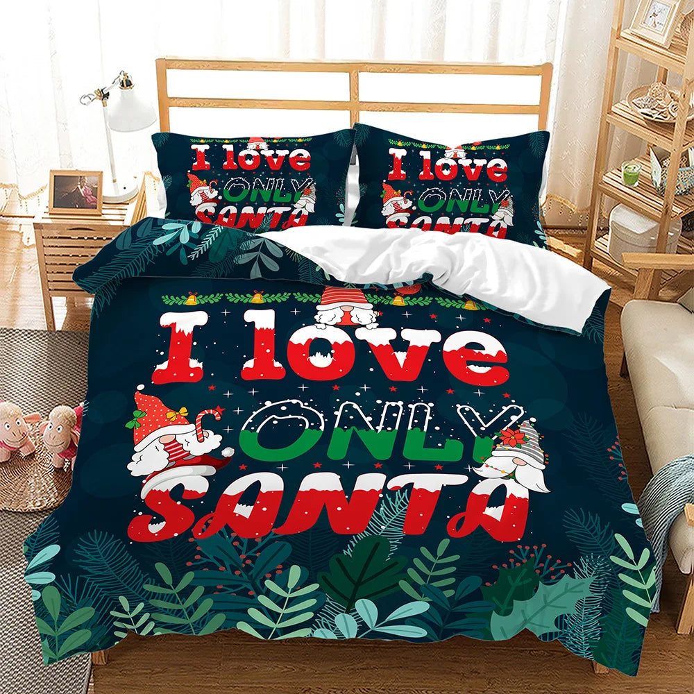 Festive bedding set with "I love only Santa" text and Santa motifs in red, white, and green on dark background. Room includes a bed, plushies, and a sheer curtained window.