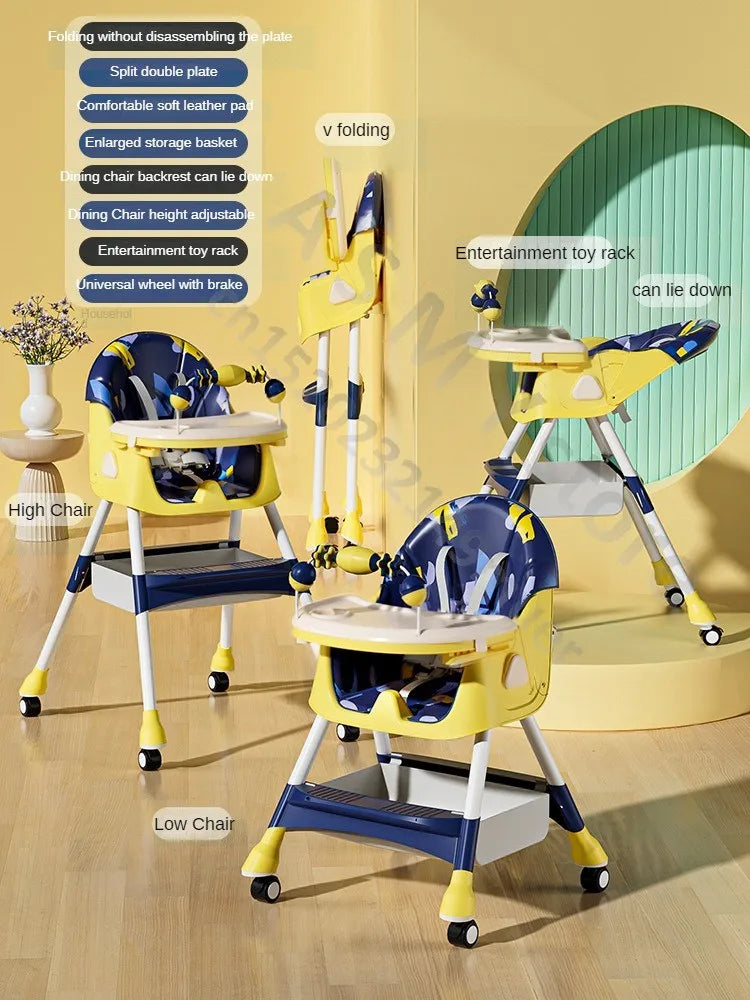 Yellow and blue multifunctional baby high chair, shown in various configurations. Features include adjustable height, foldable design, toy rack, and storage.