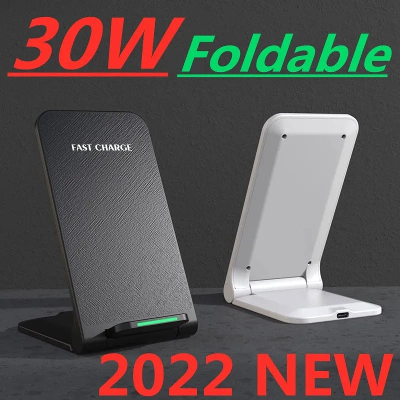 Two foldable 30W wireless chargers, black and white, stand displayed on a dark surface. Text reads "Fast Charge" and "2022 New."