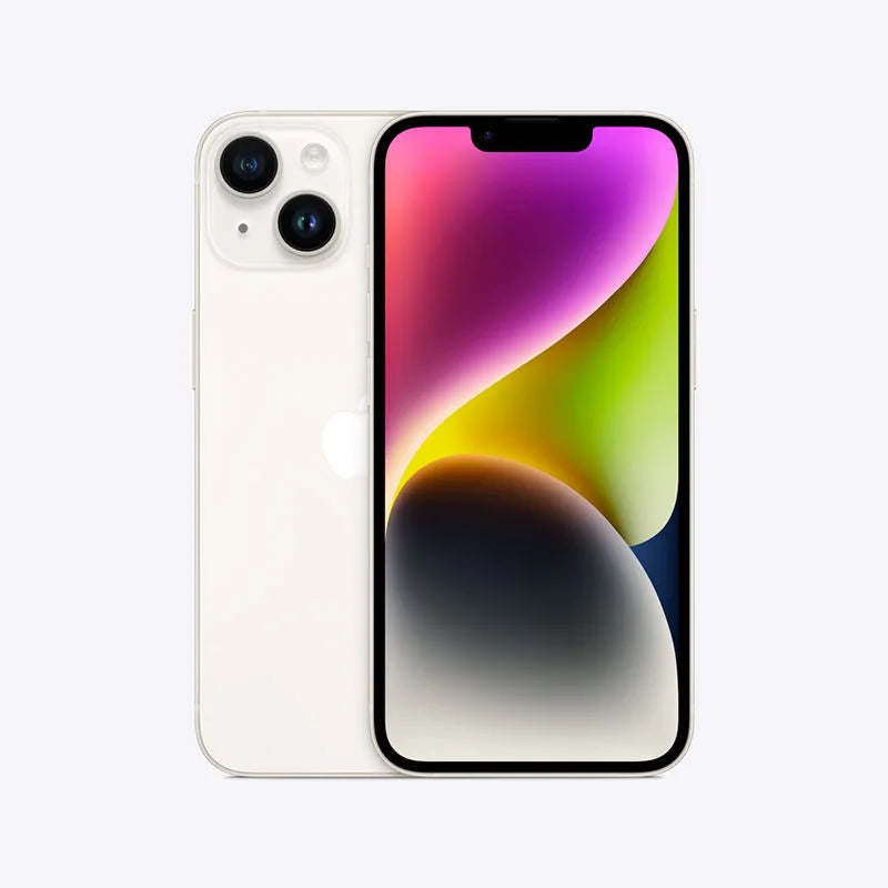 Front and back view of a white smartphone with a colorful screen. The back features dual cameras and an apple logo, set against a light gray background.