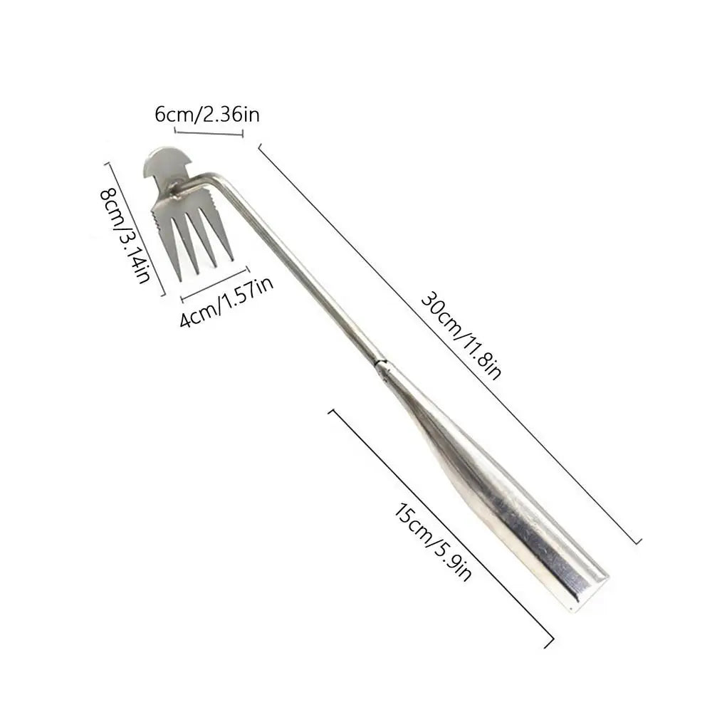 Telescopic back scratcher with metal claw on one end, measuring 30cm extended. Includes dimensions: 8cm x 6cm claw, 4cm width. Handle measures 15cm. Silver color.