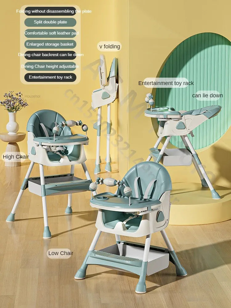 Multifunctional baby high chair set shown in a room with yellow walls and wooden floor. Features include adjustable height, foldable design, toy rack, and storage basket.