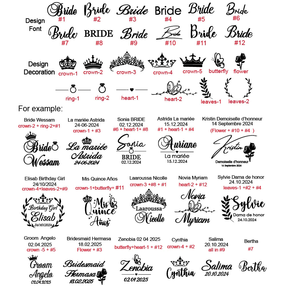Various bridal-themed designs showcase different font styles and decorative icons like crowns, rings, hearts, butterflies, and leaves, with example names and dates demonstrating combinations.