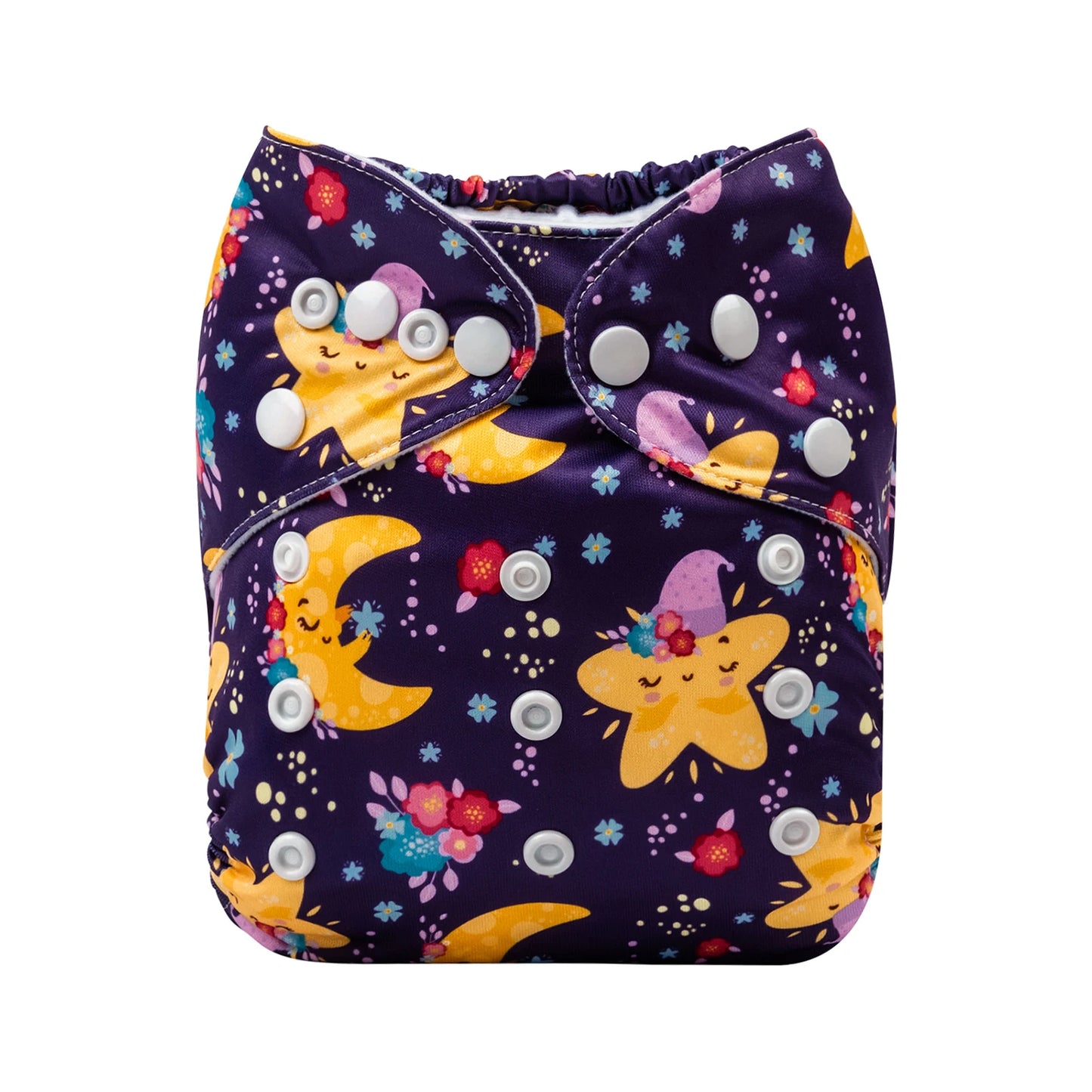 Cloth diaper with snap buttons, featuring a cute design of yellow stars and moons wearing hats among colorful flowers on a dark purple background.