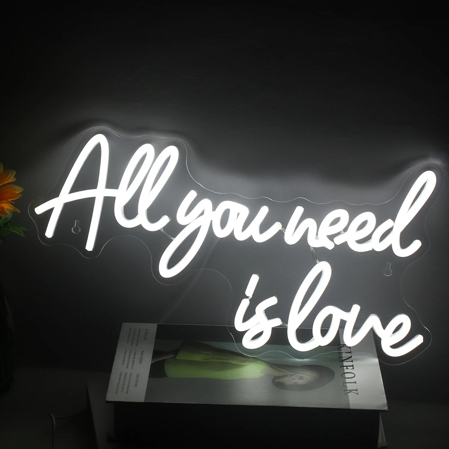 White neon sign reading "All you need is love" against a dark background, with a magazine partially visible below.