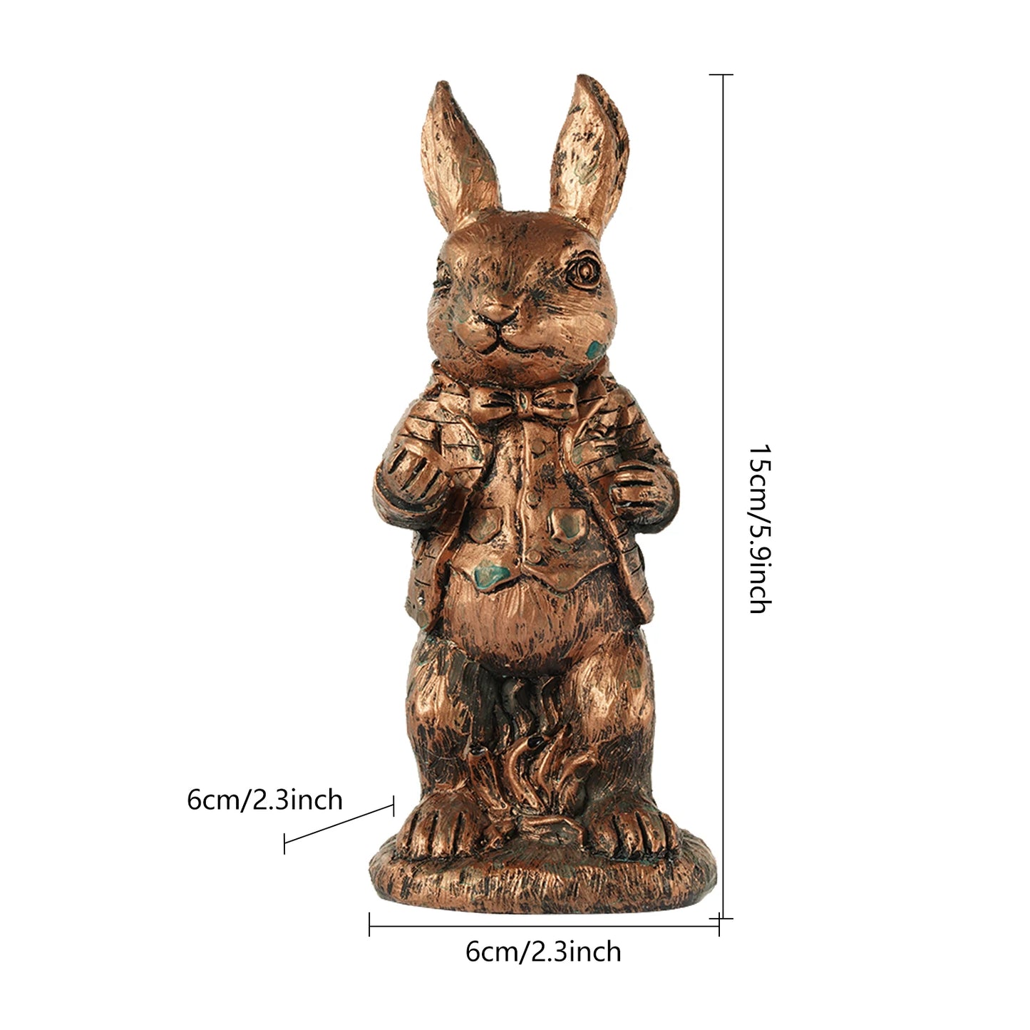 Bronze-colored rabbit statue wearing a jacket and bow tie, standing upright. The statue is 15cm tall and 6cm wide, with dimensions labeled in both centimeters and inches.