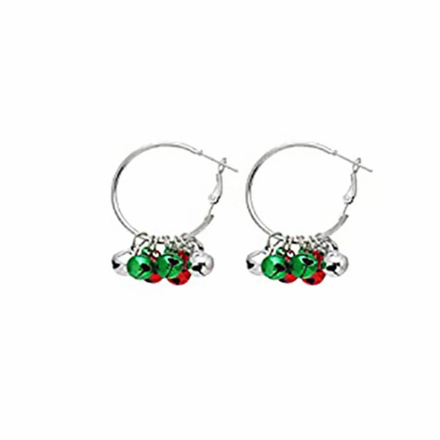 Silver hoop earrings adorned with small, dangling green, red, and silver jingle bells, isolated on a white background.