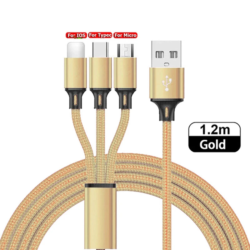 Gold 1.2m braided charging cable with USB, Lightning, USB-C, and Micro USB connectors, labeled for iOS, Type-C, and Micro, showcasing versatility and style.