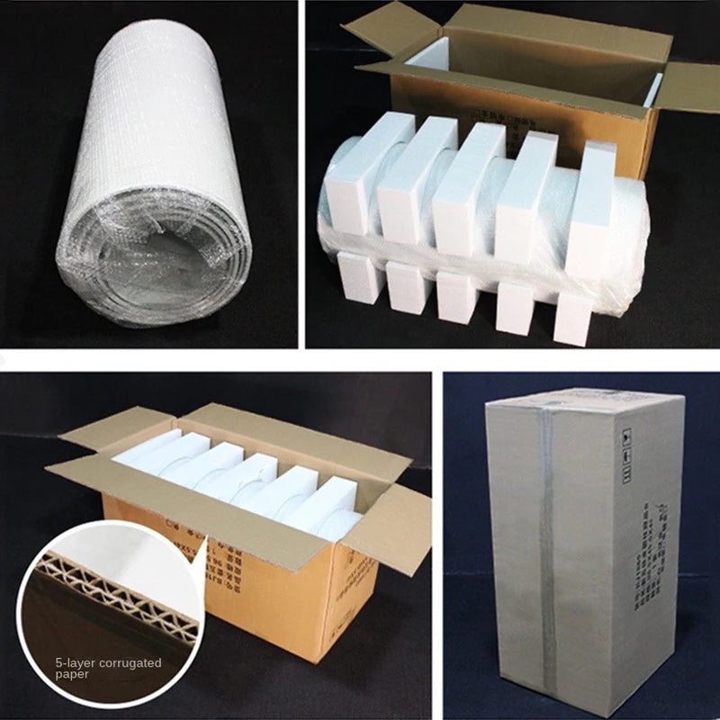 Collage of packaging stages: a roll of bubble wrap, foam-protected items, an open box with dividers, a close-up of 5-layer corrugated cardboard, and a sealed box.