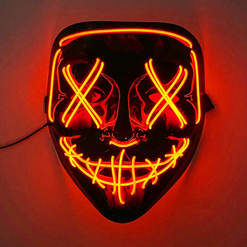 Glowing neon mask with red Xs over the eyes and a wide, stitched grin. It is outlined in vibrant red and orange colors, giving an eerie and striking appearance.