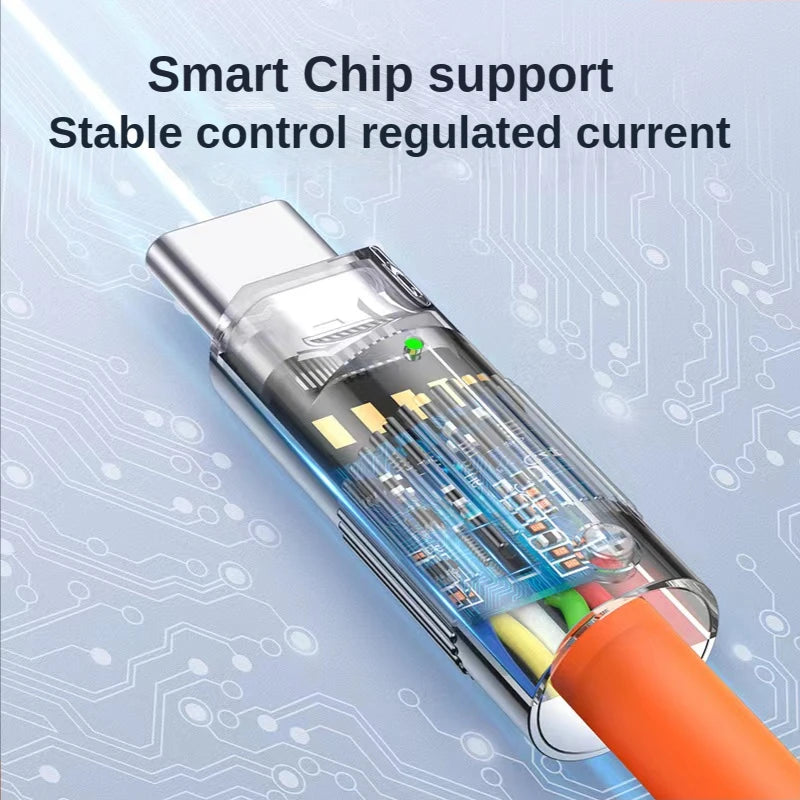 Close-up of a USB-C cable with transparent casing, revealing electronic components and circuits inside. Overlay text reads, "Smart Chip support, Stable control regulated current."