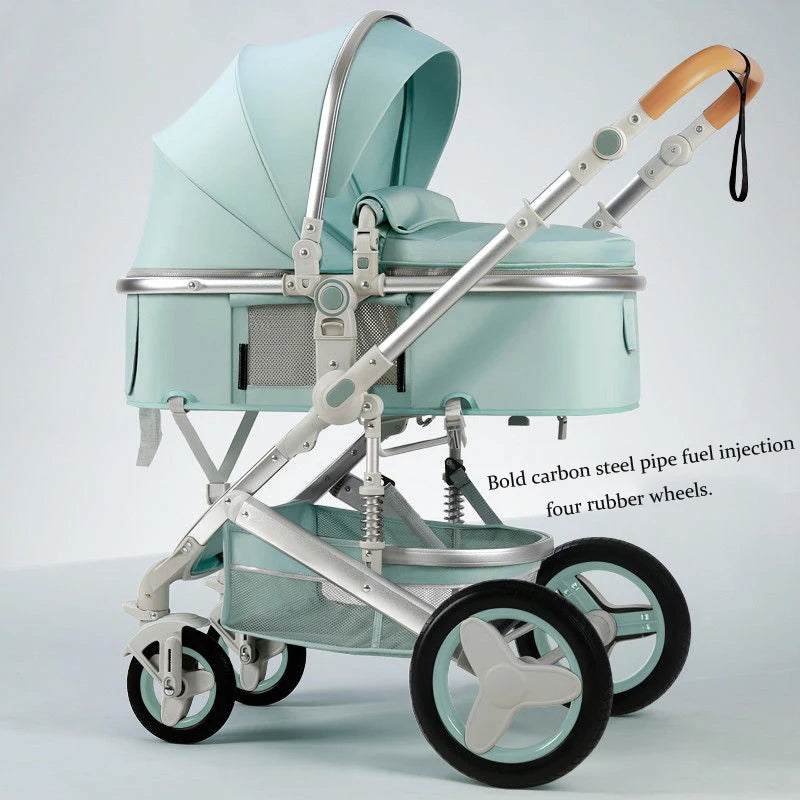 A mint green baby stroller with a canopy and adjustable handle, featuring bold carbon steel frame, fuel injection, and four rubber wheels.