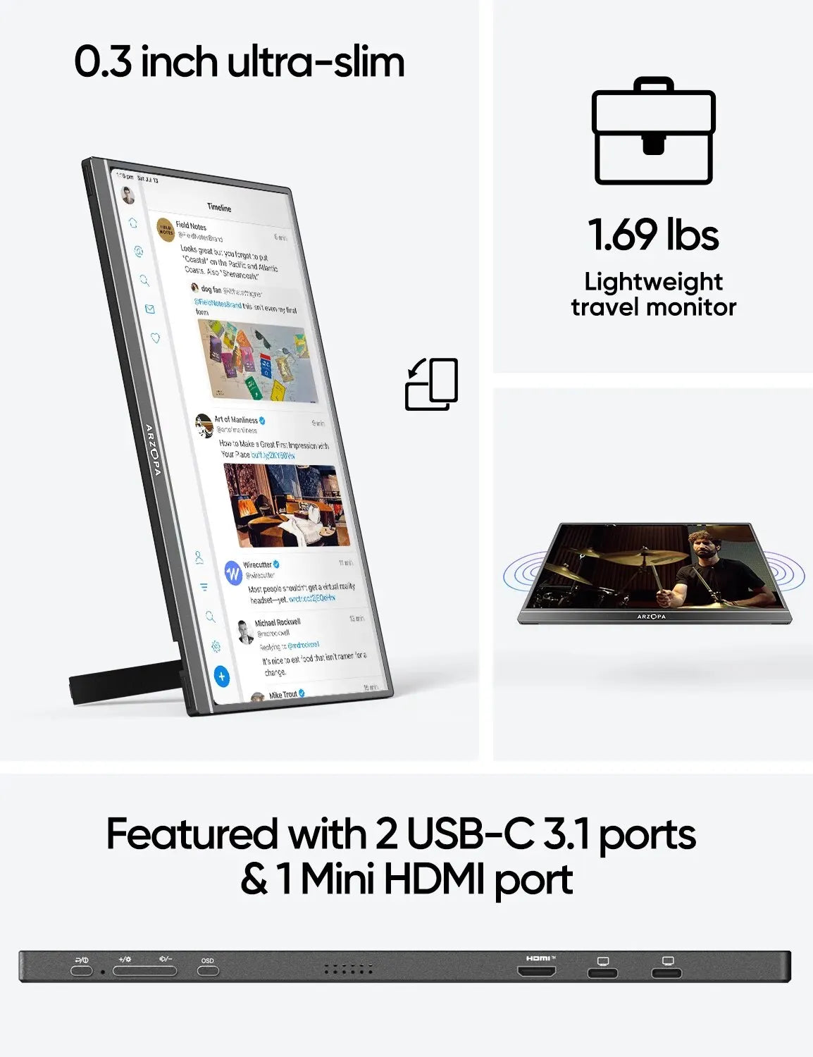 Ultra-slim 0.3-inch portable monitor weighing 1.69 lbs, featuring two USB-C 3.1 ports and one Mini HDMI port. Suitable for travel, with a slim profile and lightweight design.