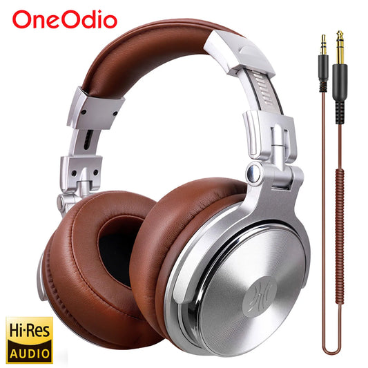 Brown and silver over-ear Hi-Res Audio headphones with padded headband and ear cups. Includes detachable coiled audio cable with 3.5mm and 6.3mm plugs. Brand name displayed.