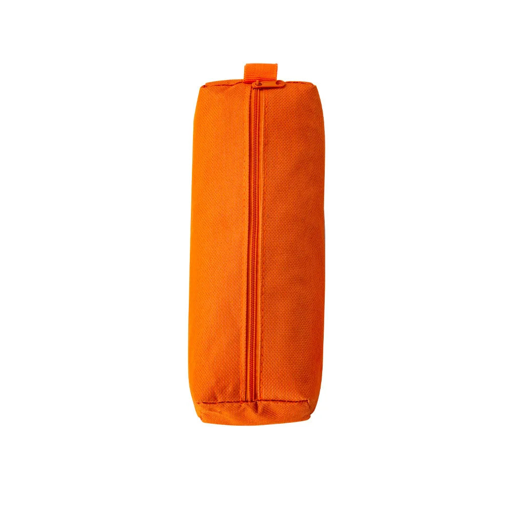Bright orange rectangular pencil case with a central zipper closure, shown upright against a white background.