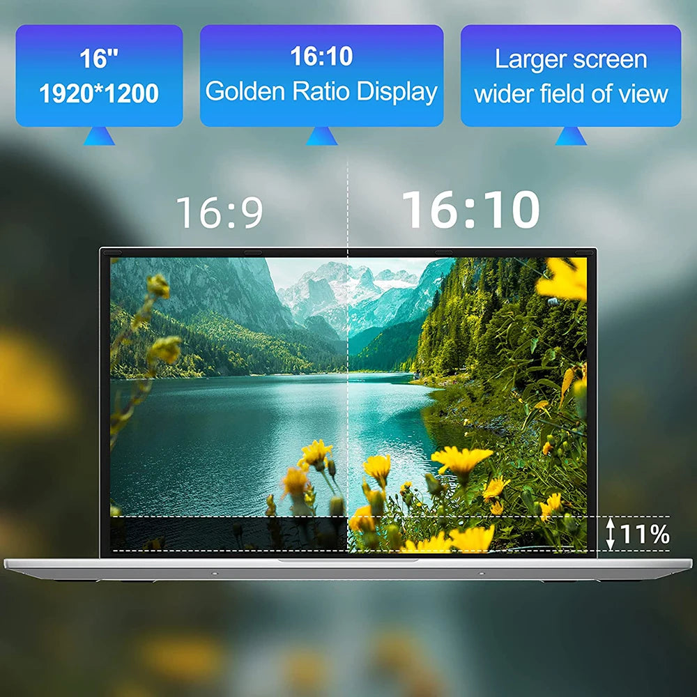 Laptop screen comparison showing 16:9 vs. 16:10 aspect ratios. The 16:10 ratio displays a larger field of view with increased height by 11%, highlighting enhanced screen space.