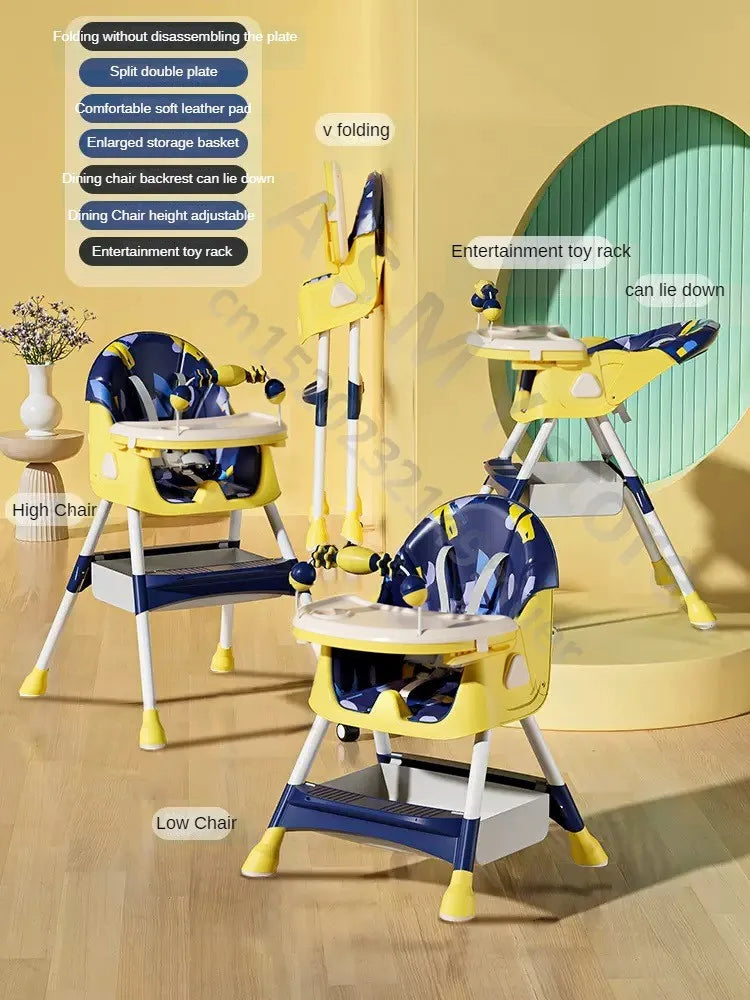 Multi-functional yellow and blue high chair with adjustable backrest, split plate, toy rack, and storage basket. Shown in high and low positions on a wood floor.