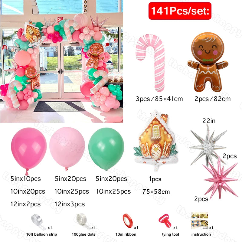 Balloon arch kit with pink, green, and pastel balloons, foil candy cane and gingerbread figures, star decorations, a gingerbread house, and assembly tools. 141-piece set.