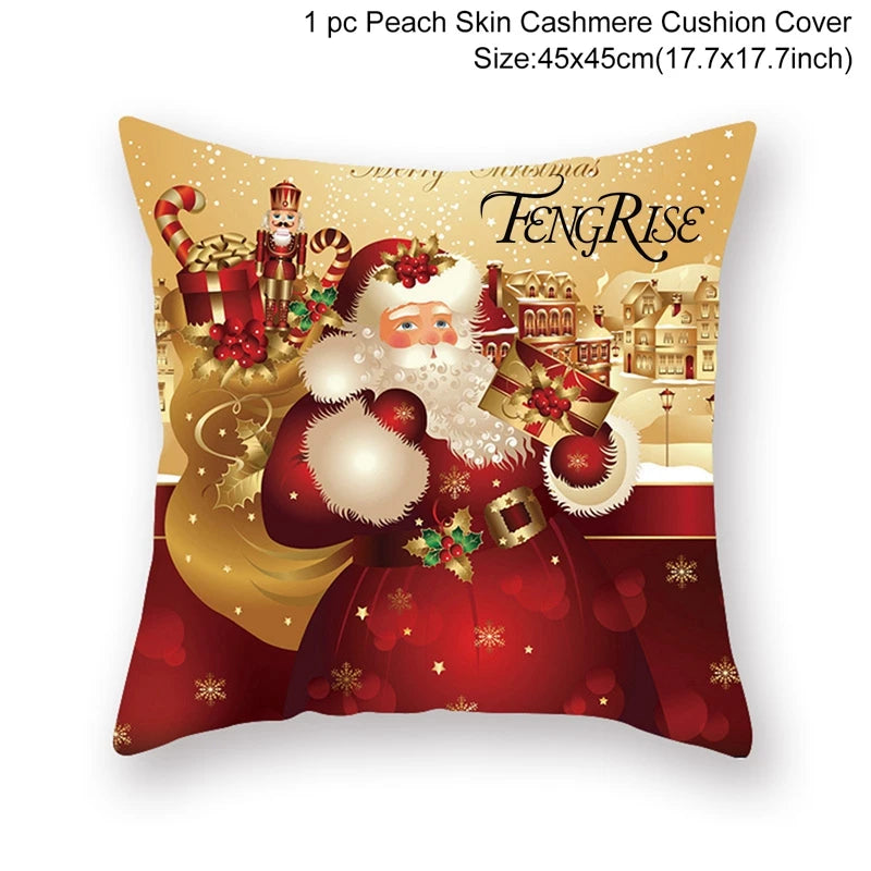 Festive cushion cover featuring a jolly Santa holding gifts with a snowy village background. Design includes candy canes and holly. Size: 45x45cm. Brand: FengRise.