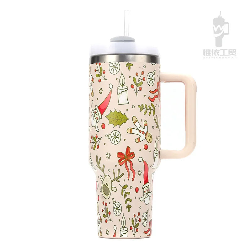 Festive mug with handle and straw featuring holiday designs, including Santa, reindeer, holly, and snowflakes on a beige background.