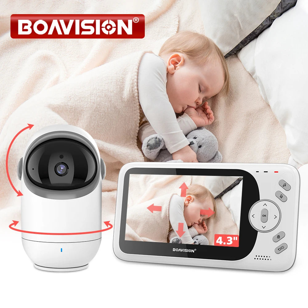 Baby sleeping with a stuffed toy on a bed, monitored by a Boavision camera. The camera's screen displays the baby, indicating a 4.3-inch display with adjustable view.