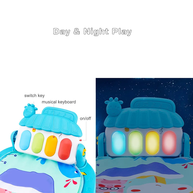 Bright toddler keyboard showcasing day and night modes. Left: Colorful keys labeled with musical notes, switch key, and on/off. Right: Keys glow under a starry night sky.