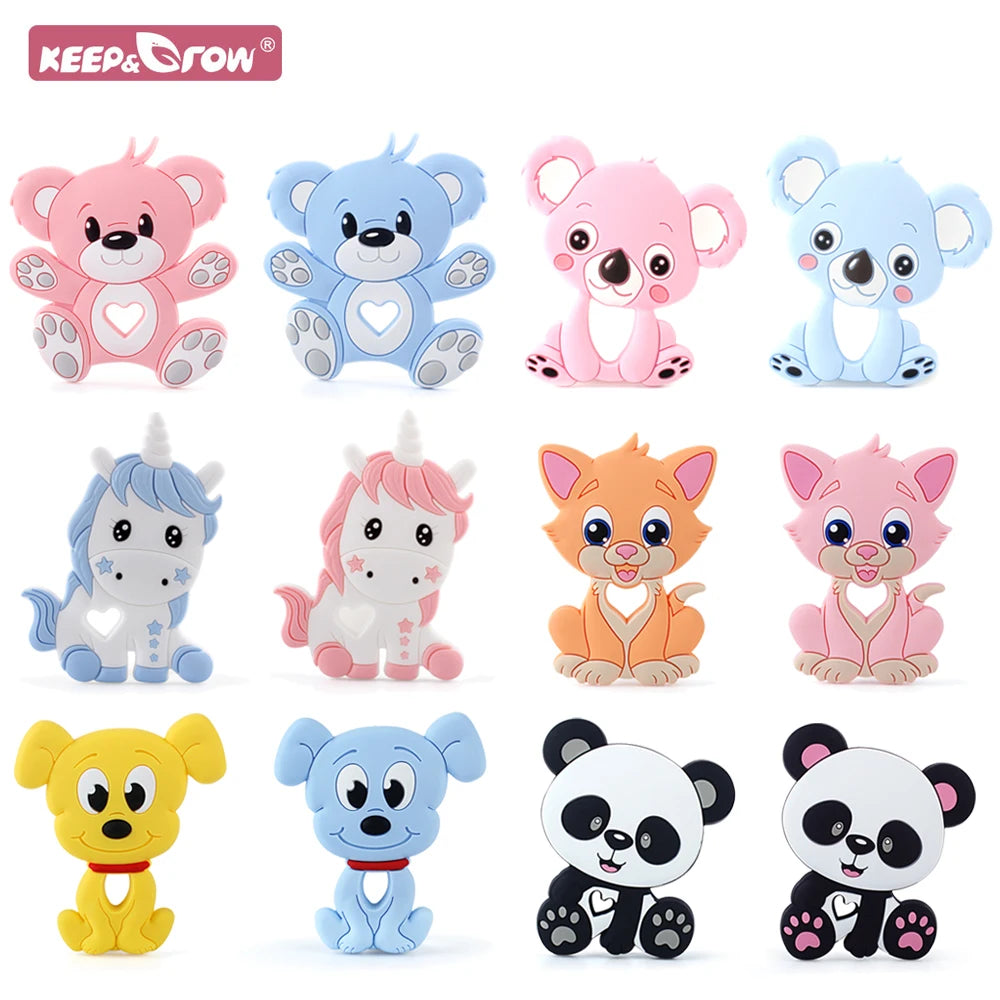 Twelve cartoon animals arranged in a grid. Includes bears, koalas, unicorns, cats, dogs, and pandas in pastel colors, each with a heart shape on their body.